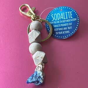 Sodalite Keychain with Wooden Beads and Gold Clip